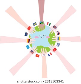 Illustration of the smiling Earth character and the world flag painting on the back of the hand