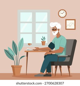 Illustration eines lächelnden älteren Mannes, der in einem gemütlichen Raum sitzt, während er seinen Blutdruck mit einem digitalen Monitor kontrolliert. Der Innenraum umfasst Pflanzen, Fenster, Wanduhr und gerahmte Kunst für ein heimeliges Gefühl