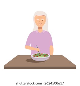 Illustration of a smiling elderly woman eating a bowl of fruit salad