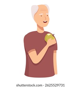 Illustration of a smiling elderly woman holding and eating a fresh green apple