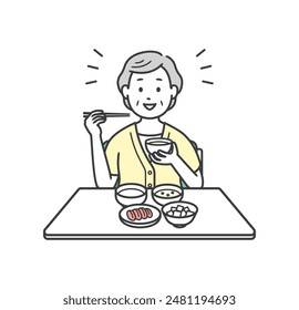 Ilustración de una anciana sonriente usando ropa de manga corta comiendo comida sana