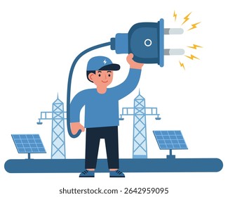 illustration of a smiling electrician holding a giant plug with electricity sparks, surrounded by solar panels and power towers. Clean energy and power concept.