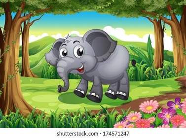 Illustration of a smiling elephant at the forest