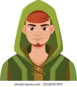 Ilustração de um elfo sorridente em capuz verde