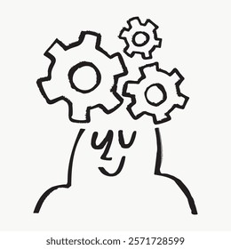 Illustration of a smiling face with gears above, symbolizing creativity and thinking. Gears represent ideas and innovation in a simple, artistic style. Simple black line art doodle vector.