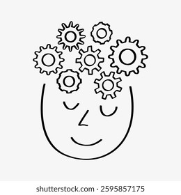 Illustration of a smiling face with gears. Gears represent thinking, creativity, and ideas. Simple line art of face and gears, symbolizing innovation. Doodle illustration vector.