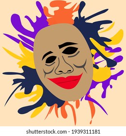 illustration of smiling face mask art with black eyes, abstract style, attractive colorful. surreal face art, suitable for printing canvas fabrics, posters, banners, etc.