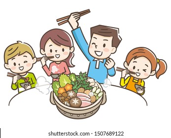 Illustration of a smiling family eating a soup pan