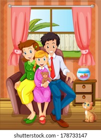 Illustration of a smiling family inside the house