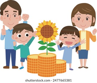 Illustration of a smiling family saving money