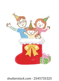 Illustration of a smiling family of three and a cat jumping out of Christmas boots and waving.