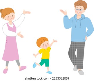 Illustration of a smiling family of three cheerfully introducing