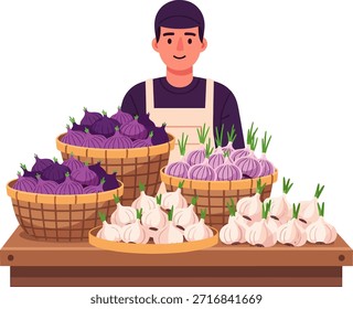 Ilustración de un granjero sonriente con cestas de productos frescos