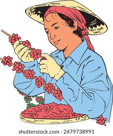 Illustration of a smiling farmer with a coffee harvest. Ideal for farming, rural life and agriculture themes. Vector format, easy to customize.