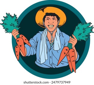 Illustration of a smiling farmer with a harvest of carrots. Ideal for farming, rural life and agriculture themes. Vector format, easy to customize.