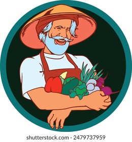 Illustration of a smiling farmer with a harvest of vegetables. Ideal for farming, rural life and agriculture themes. Vector format, easy to customize.
