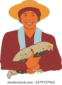 Illustration of a smiling farmer with his chickens. Ideal for farming, rural life and agriculture themes. Vector format, easy to customize.