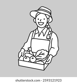 Illustration of a smiling farmer holding a box of vegetables. The farmer wears a hat and apron, conveying a sense of agriculture and harvest. Vector illustration.