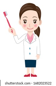 Illustration Of Smiling Female Doctor, Dentist With Toothbrush. Full Body Illustration.