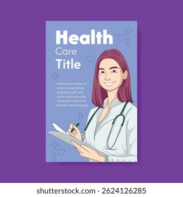 ilustração de sorrindo médico mulher com vestido médico e prancheta no fundo roxo para cartaz de saúde