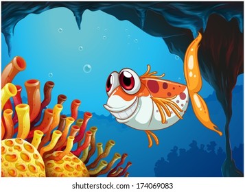 Illustration of a smiling fish under the sea inside the cave