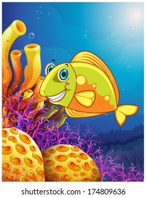 Illustration of a smiling fish under the sea on a white background