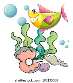 Illustration of a smiling fish under the sea near the shells on a white background