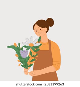 An illustration of a smiling florist creating a flower bouquet. A simple and cozy composition, perfect for themes of small business, creativity, and floristry