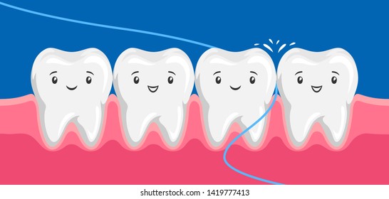 Illustration of smiling are flossing in oral cavity. Children dentistry happy characters. Kawaii facial expressions.