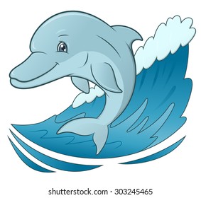 Illustration of the smiling friendly cute dolphin jumping out from the sea wave
