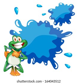 Illustration of a smiling frog and an empty blue template on a white background