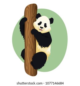 Illustration of smiling giant panda climbing a tree.  Cute panda sitting on a tree holding on to the trunk.