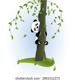 Illustration of smiling giant panda climbing a tree. Cute panda sitting on a tree holding on to the trunk.