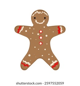 Illustration of a smiling gingerbread man cookie with icing decorations, isolated on white.