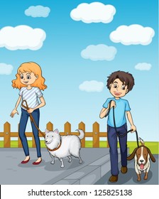Illustration of a smiling girl and a boy having dog