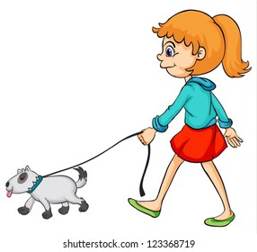 Illustration of a smiling girl and dog on a white background