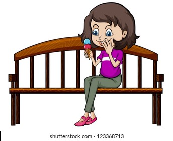 Illustration of a smiling girl eating ice cream on a white background