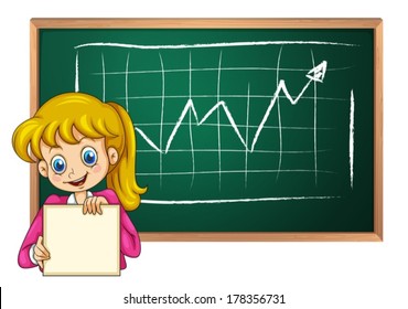 Illustration of a smiling girl with an empty signage standing in front of the blackboard on a white background