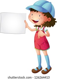 Illustration of a smiling girl with an empty sketch pad on a white background
