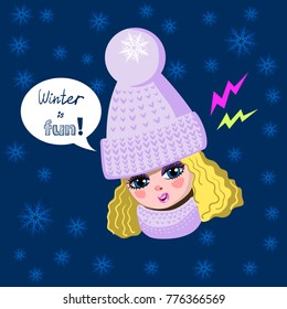 Illustration with smiling girl in the hat and words about winter and fun. The girl has blond hair and big knitted  hat and scarf. On the dark blue background flying snowflakes.