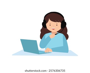Illustration of smiling girl with headset and laptop