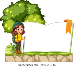 Illustration of smiling girl hiker beside blank book banner outdoors