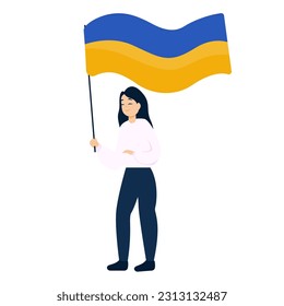  Illustration with a smiling girl holding a Ukrainian flag, vector