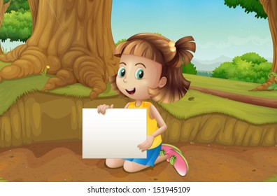 Illustration of a smiling girl sitting at the ground holding an empty signage