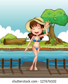 Illustration of a smiling girl standing on a port in swim suit