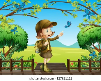 Illustration of a smiling girl standing on a wooden platform