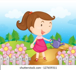 Illustration of a smiling girl with water can