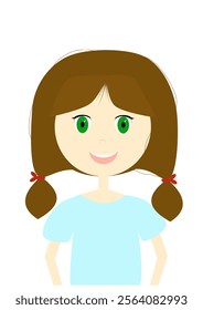 Illustration of a smiling girl with white teeth. Brown hair with a red bow. Two ponytails with a bow. Light brown bangs. Green eyes. Light blue T-shirt. Illustration for children. Vector.