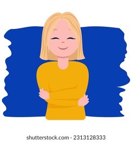  Illustration with a smiling girl, yellow and blue colors, vector