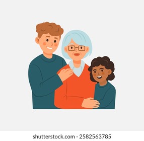 Illustration of a smiling grandmother surrounded by her two grandchildren, showing love, care, and intergenerational family bonding.